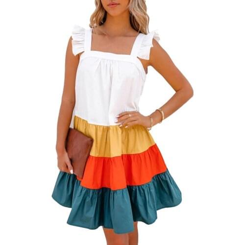 Cake Dress women elegant 2021 Summer Contrast Color Strap Women Sleeveless Patchwork Ruffle Hem Dress for Vacation vestidos