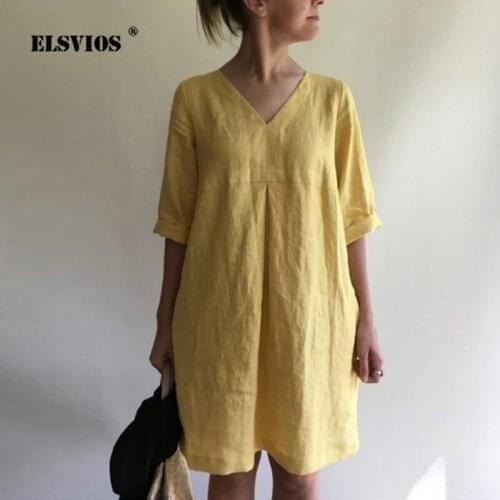 Fall Summer Women Vintage Cotton Linen Dress Casual Loose V-neck Solid Mini Dress Five Colors And Eight Yards Lady Party Dresses