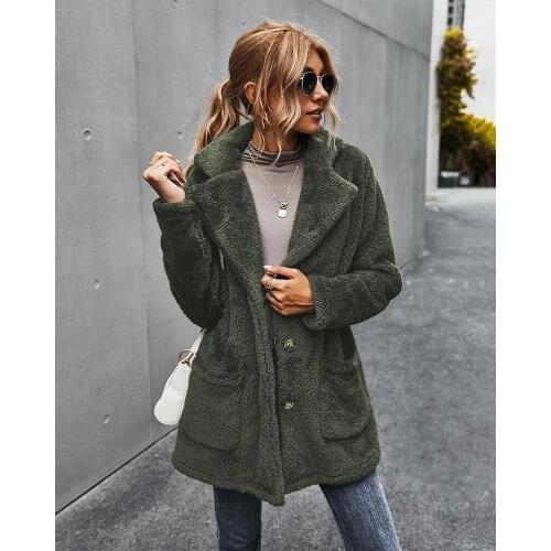 Womens Winter Coat Lady Solid Color Lapel Plush Jacket Long-Sleeved Single-breasted Coat Plus Vvelvet Thick Casual Jacket Women