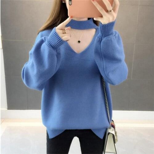 2021 Sweater Female Autumn And Winter New Shirt Half-high Collar Solid Color Long-sleeved Loose Lantern Sleeve Knit
