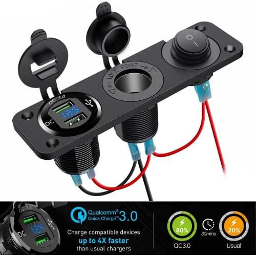 Car Dual Qc3.0 USB Power Adapter Car Cigarette Lighter Digital Voltmeter Outlet 3 Hole Panel Dustproof Waterproof 12V