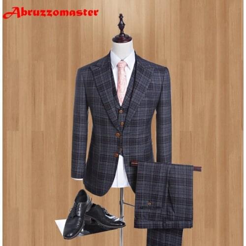 Brand Peaked Lapel Slim Fit Men Suits Damier Wedding Suits For Best Men 2020 Fashion Smart Casual Men Tuxedos (jacket+Vest+Pant)