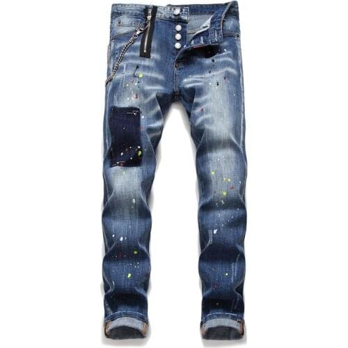 Artistic Paint Splash Ink Mens Jeans Slim Chain Decoration Straight Pencil Pants Streetwear Fashion Hip-hop Male Pants