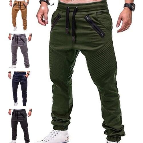 Men Fashion Drawstring Zip Strips Pockets Ankle Tied Long Pants Sports Trousers