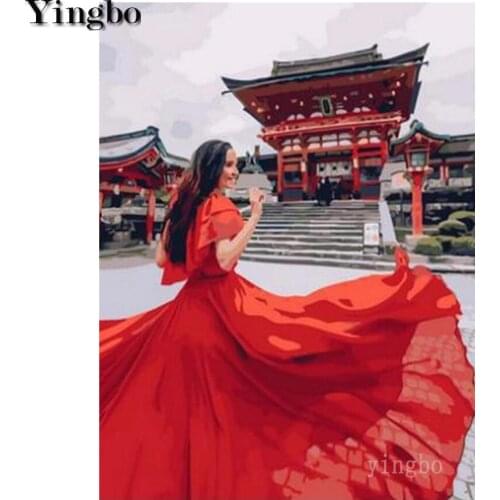 Full Square Drill 5D DIY Diamond Painting Girl Red Dress Japan Temple Diamond Embroidery Rhinestones Cross Stitch Kit Wall Decor