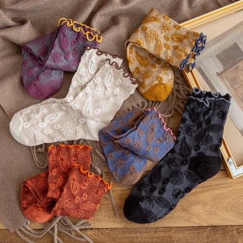 Flowers Korean Womens Socks Kawaii Printing Funny Long Socks With Ruffles National Style Cotton Comfortable Clothing Harajuku