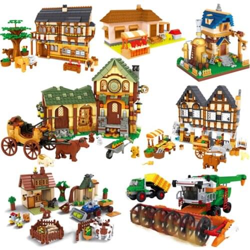 New Constructor Model Medieval Farm Farmhouse Tractor Brewing House Harvester Carriage Market Children Building Blocks Toys Gift