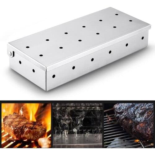 Silver BBQ Smoker Box Wood Chips For Indoor Outdoor Charcoal Gas Barbecue Grill Meat Infused Flavor Accessories Smoker Boxes