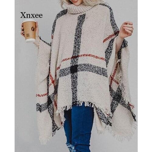 Tassel Stripe Sweater Shawl New Fashion Women Winter Warm Wool Plaid Knitting Turtleneck Casual Loose Poncho Pullover Clothing