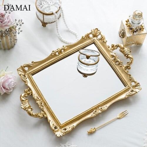 Relief Craft Resin Mirror Trays Decorative Gold Inlay Glass Jewelry Cosmetic Display Tray Wedding Ornaments Living Room Decor