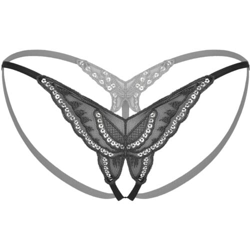 Women Erotic Sexy Panties Sequined Lace Butterfly T-back Summer Crotchless G-string Lingerie Underwear Low Waist Open Butt Thong