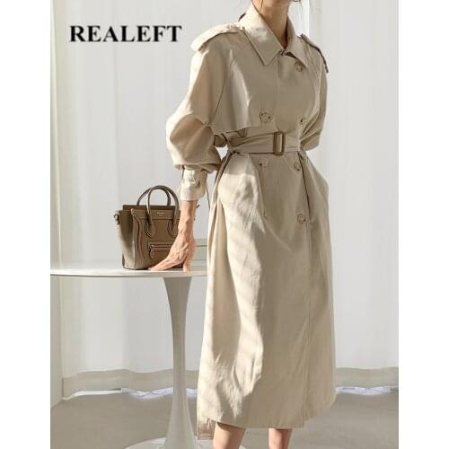 REALEFT 2021 New Double Breasted Trench Coat Vintage Long Sleeve Pockets Turndown Collar Belt Womens Long Coat Outwear Jackets