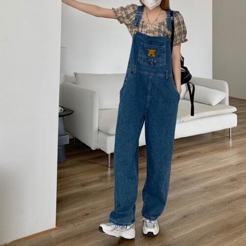 New Cute Bear Embroidery Loose Retro Denim Overalls Women Straight Leg Pants Trousers Women Fashion Korean Version of All-Match