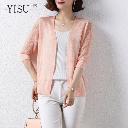 YISU Women Cardigan Solid color Pocket Cardigan Coat Short sleeve Sweater Summer Tops Thin Casual Knitted Coat Woman clothing