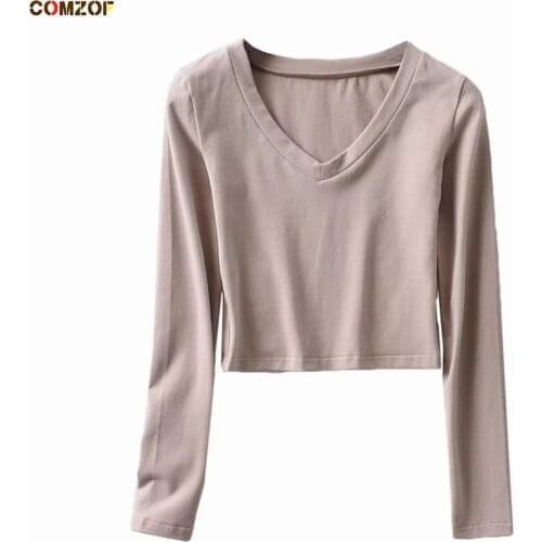 New Arrival Women Long Sleeve Crop Top 2021 Autumn V-Neck T Shirt INS Harajuku Slim Fit Short Tees Camisas De Mujer