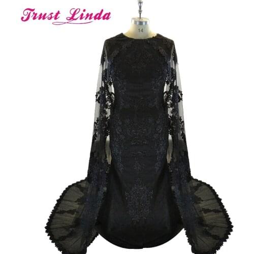 Dubai Mother Dresses With Cape Satin Abaya Kaftan Formal Party Gowns Black Appliques Lace Beaded Prom Dress Elegant Long Caftan