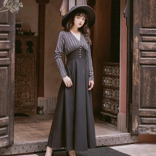 Vintage Women Dress V-neck Long Sleeve Party Dresses Female Clothes 2021 Spring Autumn Korean Elegant Vestidos Femme