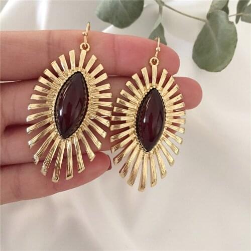 Bohemia Gold Color Plating Red Brown Stone Drop Earrings For Women Casual Trendy Lovely Vintage Elegant Office Lady Jewelry