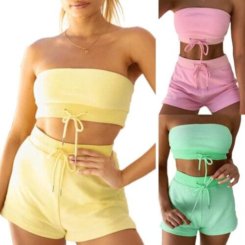 2020 Sexy Solid Short Women Set Strapless T Shirts+ Shorts Casual 2Pcs Sets Ladies Casual Harajuku Summer Sports Tracksuits