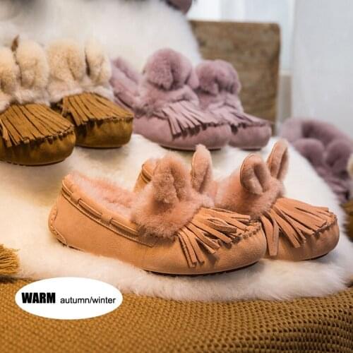 Fashion Autumn Winter Plush Peas Cotton Shoes Female Wild Hair Rabbit Ears Pedal Lazy Warm Sheepskin Wool Short Snowboots Women