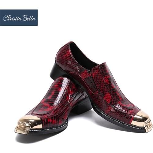 Christia Bella New Fashion Snake Skin Genuine Leather Men Business Shoes Plus Size Slip on Metal Square Toe Formal Dress Shoes