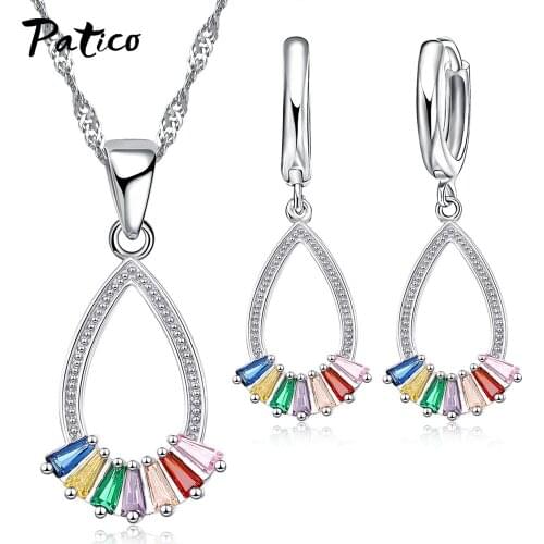 Elegant 925 Sterling Silver Earrings Necklace For Women Colorful Rhinestone Choker Necklace Drop Earrings Female Jewelry Gifts