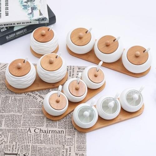 European creative pure white ceramic seasoning jar set combination glass lid seasoning jar salt jar seasoning bottle flavor box
