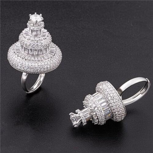 EYER Vintage Pagoda Flower Hat Exaggerated Big Adjustable Rings For Women Party 2021 Cubic Zirconia Luxury Brincos Fine Jewelry