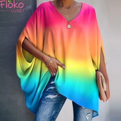 Flokocloset Tie Dye Printed Bat Sleeve T-shirt Women Half Sleeve Summer Casual Pullover V-Neck Punk Clothes