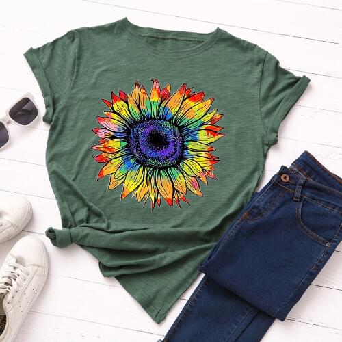 Women Short Sleeve Cotton T-Shirts Graphic Tees Summer Tee Tops for Female Casual Oversized Clothes Colorful Sun Flower Print