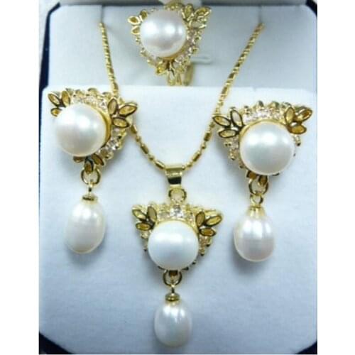Hot sell new - wholesale noblest 12mm white shell pearl 18kgp pendant earring and ring(#7.8.9) jewelry set