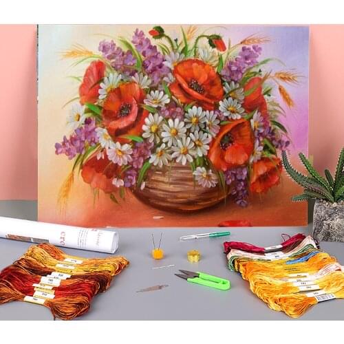 Poppy Flowers Printed Water-Soluble Canvas 11CT Cross-Stitch Embroidery Full Kit DMC Threads Hobby Handmade Decor