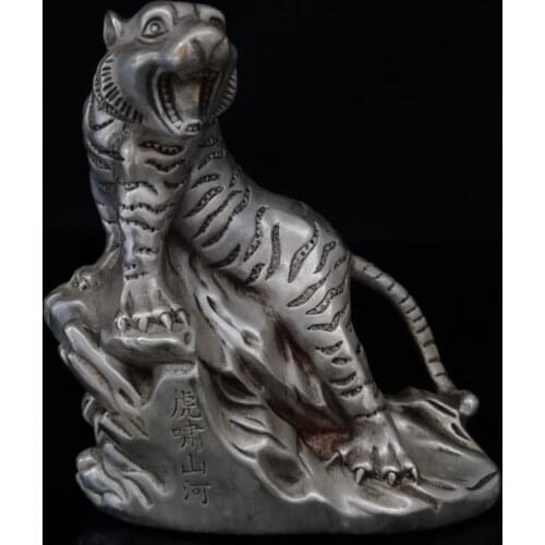 China White copper Climb mountain tiger crafts statue