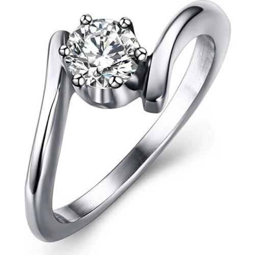 Luxury Silver Color Bride White Zircon Ring for Women Stainless Steel Round Shiny Crystal Stone Engagement Wedding Jewelry Gift