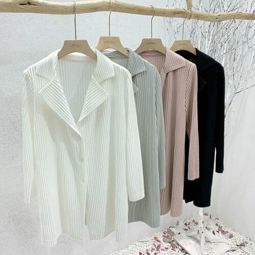 Jacket For Women Large Size 45-75KG 2021 Spring Summer Big Stretch Miyake Pleated Blazer Single Breasted Solid Colour Loose