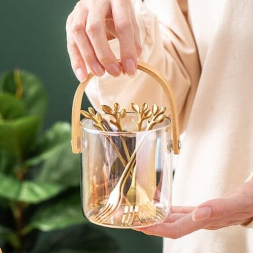 Nordic Glass Storage Basket Wooden Handle Coffee Spoon Fruit Fork Holder Kitchen Household Storage Organization Jar