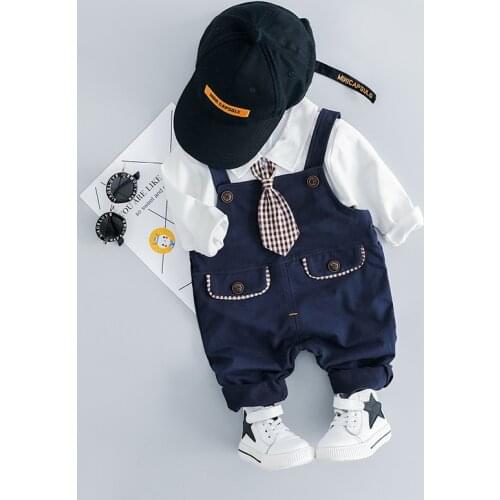 Baby Clothing 2021 Spring Autumn New Infant Boys Gentleman Suit Baby Boy Cotton Check Tie Long-sleeve Shirt Overalls 2 Piece Set