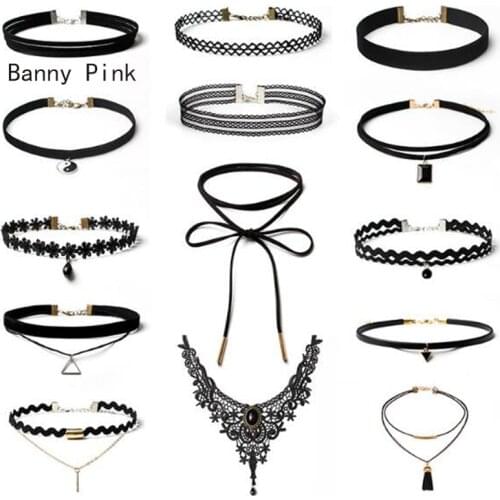 Punk Black lace Leather Rope Chains Choker Necklace For Women Alloy Pendant Choker Collars Set Fashion Jewelry Colliers Colar