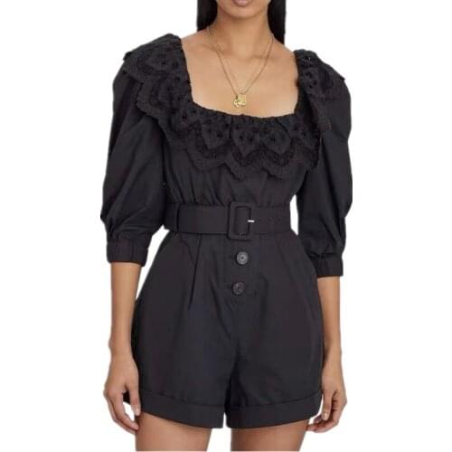 Sexy Black WOmen Playsuit 2021 Runway Designer Square Collar Backless Ruffle NIght CLub Short Jumpsuit Tunic Romper with belt