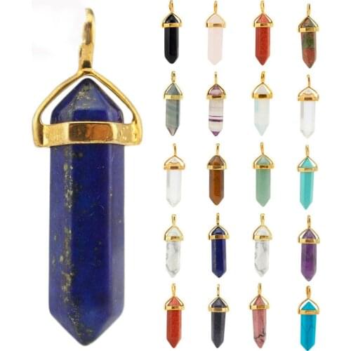 Natural Stone Hexagonal Column pendants Golden head ornament charm Crystal pendant For jewelry making DIY necklace accessories