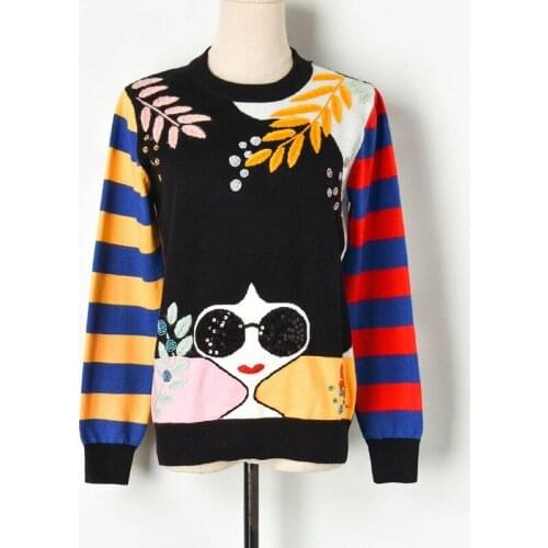 Luxury Brand Designer Knitted Pullovers for Women Embroidered leaves beaded sequins sunglasses girl knit sweater