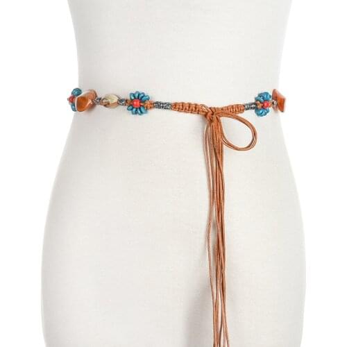 Pure Manual Handmade Wax Rope Woven Wood Bohemian National Waist Belt For Dress BL308