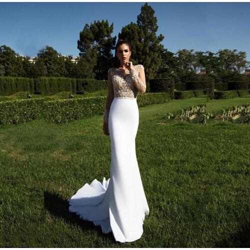Mermaid Long Sleeves Wedding Dresses Bridal Gowns Illusion O Neck Beading Bodice Sheer Back Court Train Long Sleeves Floral Gown