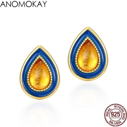 Anomokay European & American Trendy AMBER Water Drop Earrings for Women Girlfriend Gift 100% 925 Silver AMBER Color Earring