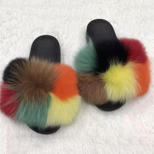 Fashion Real Raccoon Fur Slides Slippers Summer Flip Flops Casual Vogue Fox Fur Sandals Vogue Plush Shoes