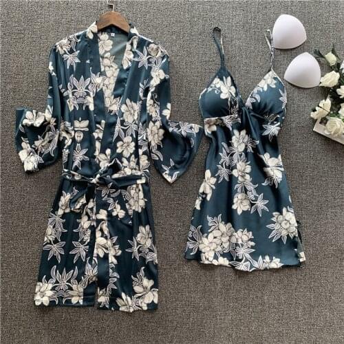 Smmoloa Spring Autumn Sexy Silk Two-piece Robe Sets Lace Nightgown Robe Set Sexy Sleepwear