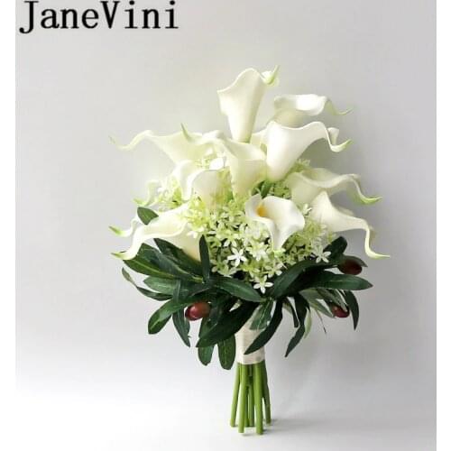 JaneVini Western Style White Bridal Bouquet Artificial Calla Lily Bride Bridesmaids Bouquets Ivory Silk Flowers Wedding Holder