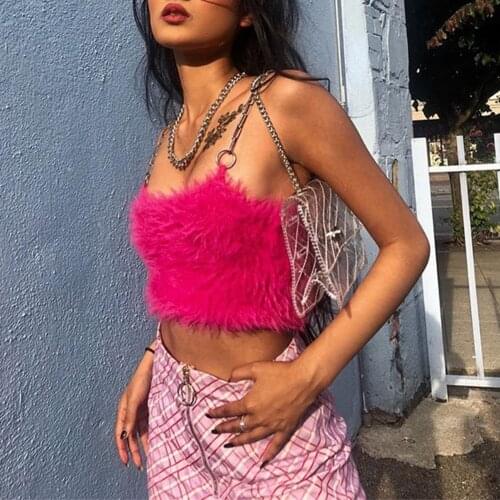 Girls Hot Pink Chain Spaghetti Strap Fuzzy Crop Tops Sweet Backless Sexy Summer Camis Tops Fashion Party Tops Clubwear