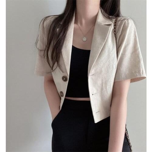 QOERLIN Korean Pure Color Short Sleeve Cotton Linen Suit Blazer Female 2021 Summer New Temperament Short Jacket Office Ladies