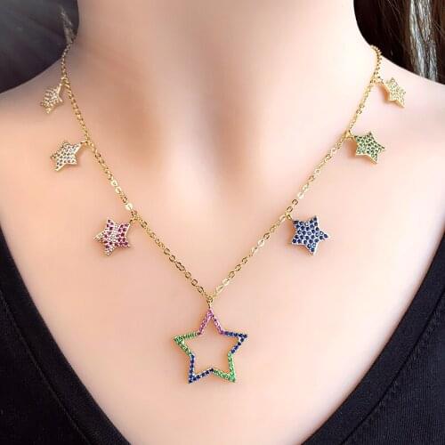 Colorful Cubic Zirconia cute Stars Shape Pendant Necklaces For Women Gold Color Chain Charm Party CZ Necklace Statement Jewelry
